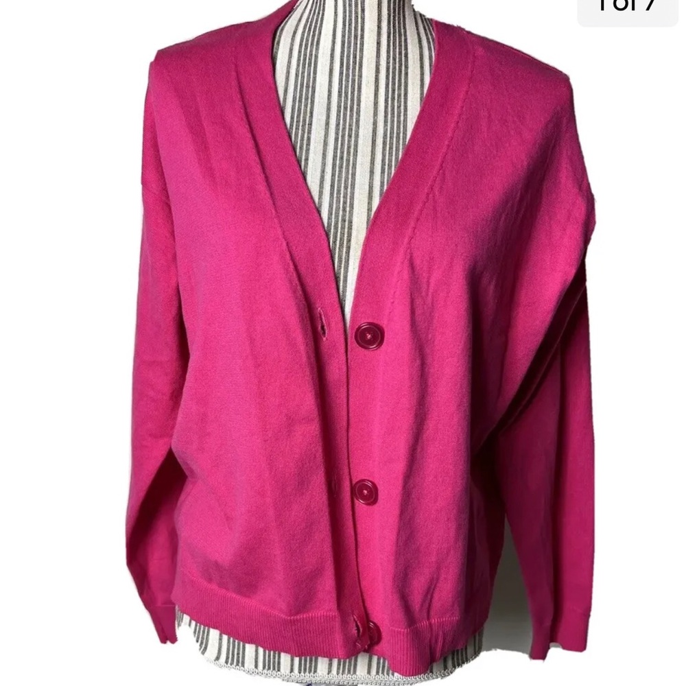 RILEY&RAE Womens Pink Stretch Ribbed Long Sleeve Button Up Sweater S Barbie